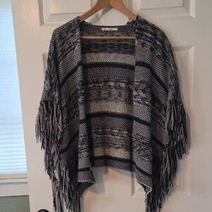 Elegant Fringe Poncho - Black and Cream